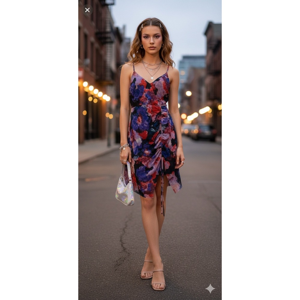 BCBGMAXAZRIA Y2k Midi Dress Womens Size 6‎ Mesh Floral Asymmetric Dark Romantic